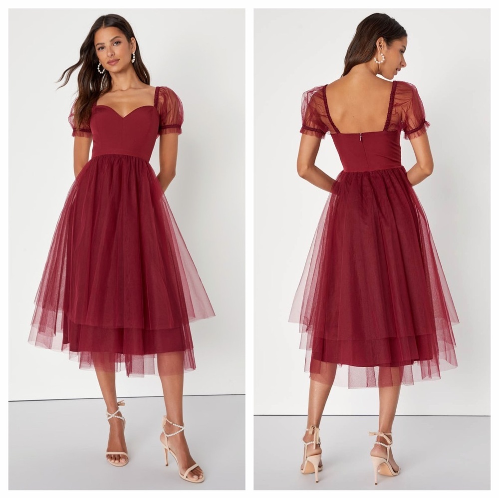 Lulus Brightly Beloved Wine Red Tulle Tiered Puff Sleeve Midi Dress